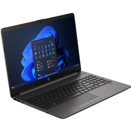 Portátil HP 250R G9 abierto visto desde la izquierda, con los puertos USB y HDMI